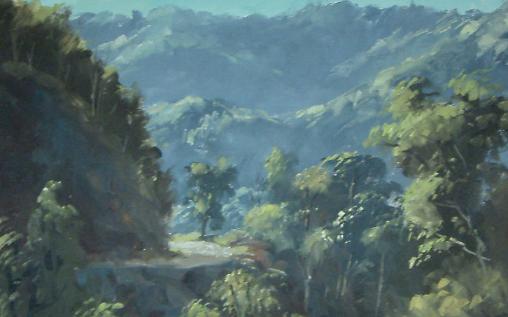Painting by NZ artist Wayne Sinclair Road Through Marakopa Bush